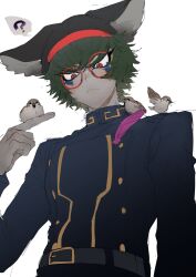 Rule 34 | 1boy, ?, animal, animal ears, animal hat, animal on shoulder, belt, bird, bird on hand, bird on shoulder, black belt, black hat, blue jacket, cabbie hat, closed mouth, facial mark, fake animal ears, feathers, furrowed brow, glasses, green hair, hand up, hat, highres, jacket, long sleeves, looking at viewer, male focus, master detective archives: rain code, na 6, red-framed eyewear, round eyewear, short hair, simple background, solo, sparrow, spoken question mark, upper body, white background, zilch alexander