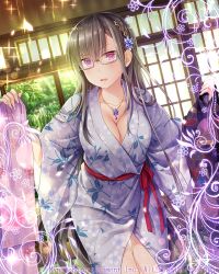 Rule 34 | 1girl, black hair, blush, breasts, cleavage, collarbone, company name, falkyrie no monshou, flower, glasses, hair flower, hair ornament, japanese clothes, kimono, large breasts, looking at viewer, natsumekinoko, parted lips, petals, purple eyes, solo, sweatdrop, yukata