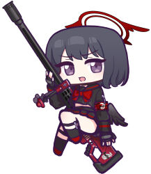 Rule 34 | 1girl, absurdres, anti-materiel rifle, anzio ironworks 20mm rifle, black gloves, black hair, black sailor collar, black serafuku, black shirt, black skirt, black socks, black wings, blue archive, bow, chibi, feathered wings, fingerless gloves, full body, gloves, gun, halo, hand up, highres, holding, holding gun, holding weapon, looking at viewer, low wings, mashiro (blue archive), mini wings, open mouth, panatisia, pleated skirt, purple eyes, red bow, red footwear, rifle, sailor collar, school uniform, serafuku, shirt, shoes, simple background, skirt, sniper rifle, socks, solo, v-shaped eyebrows, weapon, white background, winged halo, wings
