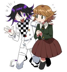 Rule 34 | 2boys, black hair, black legwear, brown hair, brown skirt, checkered clothes, checkered scarf, commentary request, cropped legs, crossdressing, danganronpa: trigger happy havoc, danganronpa (series), danganronpa v3: killing harmony, fujisaki chihiro, furukawa (yomawari), hand up, hands up, highres, jacket, long sleeves, male focus, multicolored hair, multiple boys, one eye closed, open mouth, oma kokichi, own hands together, pants, pleated skirt, purple eyes, purple hair, ribbon, scarf, simple background, skirt, smile, straitjacket, teeth, thighhighs, two-tone hair, unmoving pattern, upper teeth only, white background, white jacket, white pants