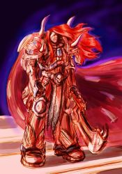 Rule 34 | 1boy, armor, cape, elizaveta bikuin, full body, gradient background, horns, long hair, magnus the red, male focus, one-eyed, red hair, solo, sword, warhammer 40k, weapon