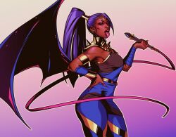 Rule 34 | 1girl, ahfol, bat wings, circlet, commentary, cosplay, dark-skinned female, dark skin, english commentary, feet out of frame, from side, gold armlet, gradient background, hand on own hip, hand up, high collar, high ponytail, holding, holding whip, looking at viewer, loose hair strand, megaera (hades), megaera (hades) (cosplay), megan thee stallion, open mouth, pink background, pink nails, purple hair, real life, red lips, simple background, solo, spiked ear piercing, straight hair, tongue, tongue out, wings