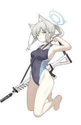 Rule 34 | 1girl, animal ear fluff, animal ears, armpits, assault rifle, barefoot, blue archive, blue eyes, breasts, competition swimsuit, covered navel, cross hair ornament, full body, grey hair, gun, hair ornament, halo, highres, kneeling, long hair, medium breasts, mismatched pupils, official alternate costume, one-piece swimsuit, ponytail, rifle, seallllion, shiroko (blue archive), shiroko (swimsuit) (blue archive), sig sauer 556, simple background, solo, swimsuit, weapon, wolf ears