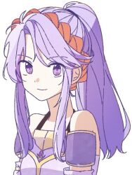 Rule 34 | 1girl, bare shoulders, closed mouth, detached sleeves, dress, fire emblem, fire emblem: genealogy of the holy war, fukui, hairband, long hair, looking at viewer, nintendo, ponytail, purple dress, purple eyes, purple hair, red hairband, smile, solo, tailtiu (fire emblem), upper body, white background
