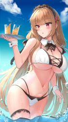 Rule 34 | 1girl, absurdres, azur lane, bare shoulders, bikini, blue sky, blunt bangs, blush, bow, bowtie, breasts, brown bow, brown bowtie, brown hair, cleavage, cloud, collarbone, commentary, cowboy shot, cross, cross-laced bikini, cross-laced bikini top, cross-laced clothes, cup, day, detached collar, drink, drinking glass, frilled hairband, frills, futasan, glint, groin, hair intakes, hair ornament, hairband, hand up, highres, holding, holding tray, large breasts, light brown hair, long hair, looking at viewer, midriff, mole, mole under mouth, multi-strapped bikini, navel, neck ribbon, outdoors, parted lips, red eyes, ribbon, sidelocks, sky, solo, standing, swiftsure (azur lane), swiftsure (midsummer special service) (azur lane), swimsuit, thigh strap, tray, two-tone bikini, underboob, very long hair, wading, water, water drop, wet, white bikini, wrist cuffs, x hair ornament