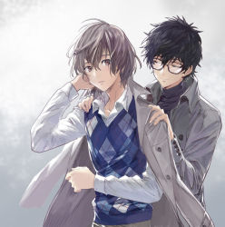 Rule 34 | 2boys, adjusting another&#039;s clothes, akechi gorou, amamiya ren, argyle, argyle clothes, argyle sweater vest, artist name, black-framed eyewear, black hair, brown eyes, cezaria, closed eyes, coat, dressing, dressing another, glasses, highres, long sleeves, male focus, multiple boys, parted lips, persona, persona 5, plaid, plaid vest, popped collar, short hair, simple background, sleeve cuffs, smile, sweater vest, turtleneck, undershirt, vest, white background, yaoi