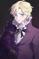 Rule 34 | 1boy, black background, black cape, black gloves, black ribbon, blonde hair, blue eyes, cape, closed mouth, collar, earrings, frilled collar, frilled shirt, frills, gloves, highres, jewelry, looking at viewer, male focus, migumi, neck ribbon, pierre tempete de neige, ribbon, shirt, short hair, simple background, solo, sugar sugar rune, upper body