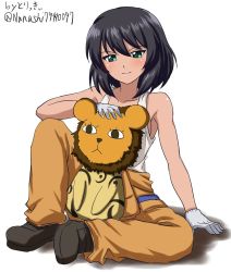 Rule 34 | 10s, 1girl, arm support, artist name, black footwear, brown hair, closed mouth, clothes pull, commentary, dark-skinned female, dark skin, full body, girls und panzer, gloves, green eyes, holding, holding stuffed toy, hoshino (girls und panzer), jumpsuit, leopon (animal), long sleeves, looking at viewer, mechanic, one-hour drawing challenge, orange jumpsuit, shirt, shirt pull, shoes, short hair, signature, simple background, sitting, smile, solo, stuffed animal, stuffed toy, tank top, tied shirt, twitter username, white background, white gloves, white shirt, zanntetu