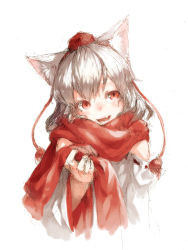 Rule 34 | 1girl, animal ears, detached sleeves, fang, female focus, hat, inubashiri momiji, junwool, open mouth, red eyes, red scarf, scarf, short hair, silver hair, simple background, smile, solo, tokin hat, touhou, upper body, white background, wolf ears