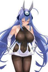Rule 34 | 1girl, :3, azur lane, bare shoulders, blue hair, blush, bodystocking, breasts, chela77, clothes lift, covered collarbone, cowboy shot, dress, dress lift, elbow gloves, closed eyes, female pubic hair, gloves, highres, large breasts, lifting own clothes, long hair, moderate pubic hair, new jersey (azur lane), no panties, pubic hair, smile, solo