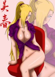 Rule 34 | 1girl, arm support, blonde hair, blue eyes, bottomless, breasts, chair, cleavage, collarbone, flowerinhell, hair ornament, hair over one eye, hairclip, highres, large breasts, long hair, looking at viewer, naruto, naruto (series), navel, pink background, ponytail, purple shirt, shirt, short sleeves, sitting, yamanaka ino