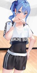 Rule 34 | 1girl, black shorts, blue eyes, blue hair, blue nails, blurry, blurry background, breasts, character name, closed mouth, covered navel, cowboy shot, hand on own hip, highres, hololive, hololive dance practice uniform, hoshimachi suisei, indoors, kurogane tekki, leotard, leotard under clothes, light particles, looking at viewer, official alternate costume, shirt, short sleeves, shorts, side ponytail, small breasts, smile, solo, standing, star (symbol), star in eye, symbol in eye, virtual youtuber, white shirt, wristband