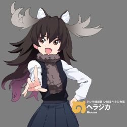 Rule 34 | &gt;:d, 10s, 1girl, :d, animal ears, antlers, bad id, bad pixiv id, black vest, blue skirt, brown eyes, brown hair, brown scarf, character name, clenched hand, cowboy shot, english text, extra ears, eyebrows, eyelashes, fang, foreshortening, grey background, hair between eyes, hand on own hip, horns, japari symbol, kemono friends, long hair, long sleeves, looking at viewer, moose (kemono friends), moose ears, oekaki, open mouth, outstretched hand, pleated skirt, samonegi, scarf, shirt, simple background, skirt, smile, solo, sweater vest, tsurime, v-shaped eyebrows, vest, white shirt