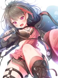 Rule 34 | 10s, 1girl, :d, bang dream!, black choker, black hair, black jacket, black shorts, blush, boots, breasts, brown footwear, chain, choker, collarbone, commentary request, cross-laced footwear, earrings, fingernails, holding, holding microphone, hood, hood down, hooded jacket, jacket, jewelry, knee boots, kneehighs, lace-up boots, looking at viewer, matokechi, microphone, mitake ran, multicolored hair, necklace, open clothes, open jacket, open mouth, purple eyes, red hair, red socks, short shorts, shorts, simple background, small breasts, smile, socks, solo, streaked hair, white background