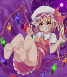Rule 34 | 1girl, ascot, ass, bad feet, bare legs, barefoot, blonde hair, cloud, cloudy sky, feet, flandre scarlet, flying, grin, hat, hat ribbon, looking at viewer, mob cap, moon, noa (nagareboshi), panties, pantyshot, puffy sleeves, ribbon, shirt, short sleeves, side ponytail, skirt, skirt set, sky, smile, soles, solo, striped clothes, striped panties, toes, touhou, underwear, upskirt, v, vest, wings