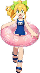 1girl blonde_hair breasts capcom green_eyes highres legs lifebuoy looking_at_viewer mega_man_(classic) mega_man_(series) mega_man_x_(series) mega_man_x_dive official_art open_mouth roll_(mega_man) school_swimsuit smile swim_ring swimsuit