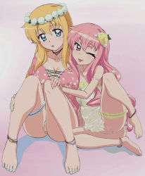 Rule 34 | 2girls, anklet, anus, babydoll, barefoot, blonde hair, blue eyes, breasts, cleavage, cleft of venus, cover, dvd cover, elf, feet, flower, frills, fujii masahiro, gradient background, hair flower, hair ornament, head wreath, jewelry, large breasts, long hair, louise francoise le blanc de la valliere, multiple girls, nail polish, naughty face, necklace, nude filter, one eye closed, pink eyes, pink hair, pointy ears, presenting, pussy, sitting, spread legs, strap slip, third-party edit, tiffania westwood, toenail polish, toenails, toes, tongue, uncensored, wink, zero no tsukaima