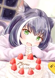 Rule 34 | 1girl, :d, absurdres, animal ear fluff, animal ears, black hair, cake, cat ears, cat tail, christmas, christmas cake, fang, fluno, food, green eyes, highres, karyl (princess connect!), multicolored hair, night, open mouth, pink sweater, princess connect!, sleeves past wrists, smile, snow, solo, sweater, tail, two-tone hair, white hair, window