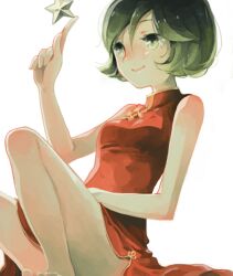 Rule 34 | 1girl, bad drawr id, bad id, bare arms, bare legs, barefoot, breasts, china dress, chinese clothes, dress, green eyes, green hair, index finger raised, legs, meiriel, oekaki, original, short hair, simple background, sitting, small breasts, smile, solo, star (symbol), thighs, white background
