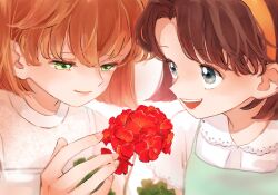 Rule 34 | 2girls, blue eyes, brown hair, child, close-up, commentary request, dress, flower, green eyes, haibara ai, hair between eyes, hairband, highres, light brown hair, looking at another, looking at object, meitantei conan, multiple girls, red flower, shirt, short hair, simple background, smile, tkdn 12, white shirt, yoshida ayumi