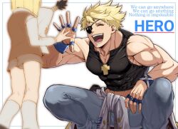 Rule 34 | 1boy, 1other, abs, blonde hair, eyepatch, fingerless gloves, gloves, guilty gear, guilty gear strive, highres, lamp9229, looking at viewer, male focus, muscular, muscular male, open mouth, pectorals, short hair, sin kiske, smile