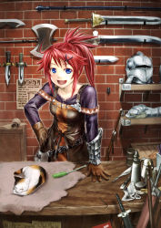 Rule 34 | 1girl, :d, armor, axe, bad id, bad pixiv id, battle axe, blue eyes, brick wall, calico, cat, cat teaser, colored eyelashes, dagger, gauntlets, gloves, hair ornament, hairclip, hand on own hip, happy, helmet, highres, hip focus, kizawa hiroto, knife, open mouth, original, ponytail, quill, red hair, scar, shop, short hair, short ponytail, sleeping, smile, solo, sword, weapon, weapon shop