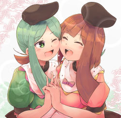 Rule 34 | 2girls, :d, asa (ces6ces8), black headwear, blue background, brown hair, cheek-to-cheek, closed eyes, commentary request, dress, gradient background, green dress, green eyes, green hair, happy, hat, heads together, highres, holding hands, interlocked fingers, lens flare, looking at another, multiple girls, nishida satono, one eye closed, open mouth, partial commentary, pink dress, plant, puffy short sleeves, puffy sleeves, short hair, short sleeves, sidelocks, smile, tate eboshi, teeth, teireida mai, touhou, upper body, upper teeth only, vines, white background