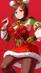 Rule 34 | 1girl, bell, belt, bracelet, breasts, brown hair, christmas, cleavage, dress, fur-trimmed dress, fur trim, hair ornament, hairband, highres, holding, holding whip, jewelry, large breasts, looking at viewer, merry christmas, neck bell, official alternate costume, red dress, santa dress, short hair, smile, snk, solo, the king of fighters, the king of fighters all-stars, thighhighs, whip, whip (kof), yagi2013