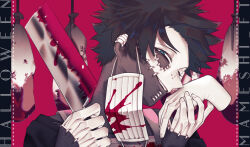 Rule 34 | 1boy, apron, bag, black hair, black shirt, blood, blood on clothes, blood on mask, bloody knife, boku no hero academia, burn scar, cheek piercing, cleaver, commentary request, dabi (boku no hero academia), dotted line, ear piercing, fingernails, halloween, hands up, head tilt, holding limb, kiss, kissing hand, knife, limited palette, looking at viewer, macha@meshi, male focus, mask, unworn mask, mouth mask, multiple piercings, multiple scars, narrowed eyes, nose piercing, pale skin, parted lips, piercing, pillarboxed, red background, scar, scar on face, scar on hand, scar on neck, severed limb, shirt, short hair, sideways glance, simple background, smile, solo, teeth, twitter username, upper body, upper teeth only