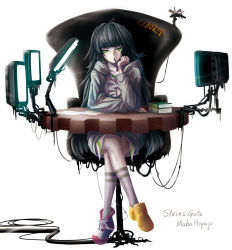 Rule 34 | 1girl, 5pb., asymmetrical footwear, black hair, book, chair, character name, copyright name, crossed legs, desk, gears, green hair, highres, hiyajou maho, hood, hoodie, jitome, long hair, looking at viewer, mismatched footwear, mouth hold, nitroplus, pen, revision, science adventure, screen, simple background, sitting, solo, steins;gate, tabix0819, very long hair, white background