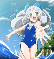 Rule 34 | 00s, 1girl, :d, barefoot, battle spirits, battle spirits: shounen toppa bashin, big hair, blue one-piece swimsuit, blurry, blush, body blush, bow, breasts, casual one-piece swimsuit, cliff, cloud, day, depth of field, drill hair, foreshortening, green eyes, hair bow, happy, highres, leg lift, long hair, looking at viewer, one-piece swimsuit, open mouth, outdoors, outstretched arms, sagamimok, sawaragi kyouka, silver hair, sky, small breasts, smile, solo, sparkle, standing, standing on one leg, swimsuit, thigh gap, wading, water