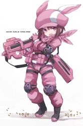 Rule 34 | 1girl, animal ears, animal hat, bandana, black footwear, blush, boots, brown eyes, brown hair, bullet casing, bullpup, commentary request, copyright name, cross-laced footwear, gloves, gradient background, gun, hair between eyes, hat, highres, holding, holding gun, holding weapon, jacket, karukan (monjya), lace-up boots, llenn (sao), looking at viewer, open mouth, p-chan (p90), p-chan (sao), p90, pants, personal defense weapon, pink bandana, pink gloves, pink hat, pink jacket, pink neckwear, pink pants, rabbit ears, rabbit hat, revision, shell casing, solo, standing, submachine gun, sword art online, sword art online alternative: gun gale online, tsurime, v-shaped eyebrows, weapon, white background