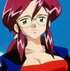 Rule 34 | 1girl, alternate color, blue eyes, breasts, cleavage, collarbone, creatures (company), elite four, female focus, game freak, glasses, jacket, large breasts, long hair, lorelei (pokemon), neck, nintendo, pokemon, pokemon (anime), ponytail, purple hair, screencap, sky, smile, solo, stitched, strapless, third-party edit, upper body