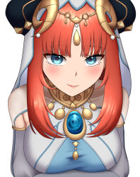 Rule 34 | 1girl, 1nilla&#039;, absurdres, blue eyes, blush, breasts, brooch, commentary, english commentary, fake horns, genshin impact, highres, horns, jewelry, large breasts, long hair, long sleeves, looking at viewer, neck ring, nilou (genshin impact), pink lips, red hair, simple background, solo, veil, white background