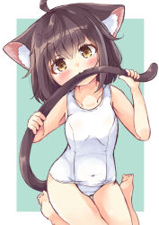 Rule 34 | 1girl, absurdres, ahoge, animal ear fluff, animal ears, aqua background, bare arms, bare legs, bare shoulders, barefoot, biting, biting own tail, blush, brown eyes, brown hair, cat ears, cat girl, cat tail, collarbone, commentary request, covered navel, hair between eyes, head tilt, highres, looking at viewer, manabe mana, old school swimsuit, one-piece swimsuit, original, school swimsuit, sitting, soles, solo, swimsuit, tail, tail biting, tail grab, thigh gap, two-tone background, wariza, white background, white one-piece swimsuit