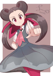Rule 34 | 1girl, absurdres, artist name, brown hair, closed mouth, cowboy shot, creatures (company), dress, eyelashes, game freak, grey dress, hand on own hip, highres, index finger raised, looking at viewer, nintendo, pantyhose, pokemon, pokemon oras, red eyes, roxanne (pokemon), short sleeves, solo, twintails, zent0ku