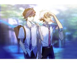 Rule 34 | 2boys, bad id, bad lofter id, bag, black pants, blue hair, blue necktie, brown bag, collared shirt, day, food, food in mouth, fujiki yusaku, glasses, green eyes, hand in pocket, hand on own forehead, hand up, highres, holding, holding food, holding popsicle, homura takeru, hot, looking to the side, looking up, male focus, multicolored hair, multiple boys, naoki (2rzmcaizerails6), necktie, outdoors, pants, pink hair, pink necktie, popsicle, popsicle in mouth, rectangular eyewear, red hair, school uniform, shirt, short hair, shoulder bag, spiked hair, standing, streaked hair, upper body, walking, white hair, white shirt, yu-gi-oh!, yu-gi-oh! vrains
