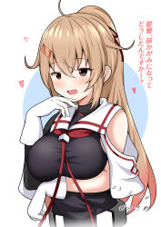 Rule 34 | 1girl, abataa, absurdres, alternate hairstyle, asymmetrical clothes, black serafuku, breasts, brown eyes, dated, gloves, hair between eyes, hair ornament, hairclip, heart, highres, kantai collection, large breasts, light brown hair, long hair, looking at viewer, murasame (kancolle), murasame kai ni (kancolle), neckerchief, open mouth, ponytail, red neckerchief, school uniform, serafuku, signature, smile, solo, upper body, white gloves