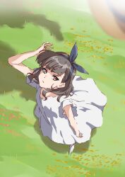 Rule 34 | 1girl, arm at side, arm up, assault lily, black hair, blue bow, blue hairband, blurry, blurry foreground, bow, bow hairband, brown footwear, commentary, day, dress, foreshortening, from above, full body, grass, hair bow, hairband, hat, hat loss, jewelry, kuroki francisca yuria, looking at viewer, looking up, medium hair, mototenn, outdoors, parted lips, ring, shoes, short sleeves, solo, standing, sun hat, sundress, white dress, white footwear, yellow eyes