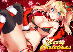 Rule 34 | 1girl, aqua eyes, bare shoulders, bikini, black thighhighs, blonde hair, breasts, christmas, cleavage, covered erect nipples, elbow gloves, female focus, front-tie top, gene (pso2), genu00e9 (pso2), gloves, hair between eyes, harukaze bou, hat, large breasts, long hair, looking at viewer, mini hat, mini top hat, multicolored hair, open mouth, phantasy star, phantasy star online 2, side-tie bikini bottom, solo, strap pull, swimsuit, thighhighs, top hat, twintails, underboob