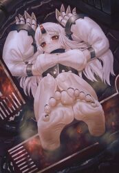 Rule 34 | 1girl, absurdres, abyssal ship, arms up, bare legs, barefoot, black nails, blush, breasts, claws, colored skin, commentary, commission, detached sleeves, dress, feet, foot focus, highres, horns, kantai collection, large breasts, light frown, long hair, looking at viewer, lying, nail polish, on back, red eyes, ribbed dress, rigging, rito (ritoxiaying), seaport princess, single horn, skeb commission, soles, solo, steam, toenail polish, toenails, toes, white dress, white hair, white skin