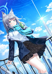 Rule 34 | 1girl, animal ears, black skirt, blue archive, blue eyes, blue jacket, blue theme, day, dutch angle, extra ears, fox ears, gloves, green gloves, hair ornament, halo, highres, holding, jacket, kneehighs, lkeris, long hair, looking at viewer, miniskirt, off shoulder, open clothes, open jacket, outdoors, plaid, plaid skirt, pleated skirt, railing, scarf, school uniform, shiroko (blue archive), shirt, shirt tucked in, silver hair, skirt, socks, solo, standing, thighs, white socks, white shirt