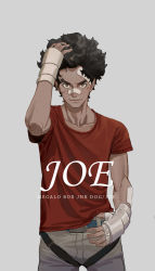 Rule 34 | 1boy, bandages, bandage on face, belt, black hair, brown eyes, character name, collarbone, copyright name, dark skin, dark-skinned male, dong wensen, gloves, highres, joe (megalo box), looking at viewer, male focus, megalo box, red shirt, scar, shirt, simple background, solo, standing, t-shirt