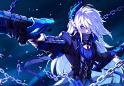 Rule 34 | 1boy, armor, bad id, bad pixiv id, blue background, blue eyes, blue theme, chain, ciel (elsword), covered mouth, demonio (elsword), dual wielding, elsword, highres, holding, horns, hwansang, jacket, long hair, male focus, pale skin, pointy ears, single horn, solo, sword, weapon, white hair