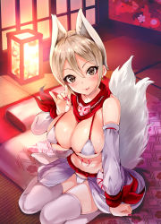Rule 34 | 10s, 1girl, absurdres, animal ears, arm support, bikini, blush, breasts, brown eyes, brown hair, cleavage, commentary request, detached sleeves, earrings, fox ears, fox shadow puppet, fox tail, futon, highres, idolmaster, idolmaster cinderella girls, indoors, jewelry, large breasts, lips, looking at viewer, shiny skin, shiomi syuko, short hair, shouji, sitting, skindentation, sliding doors, smile, solo, stomach tattoo, swimsuit, tail, tatami, tattoo, thighhighs, ukeshi (artist), white thighhighs