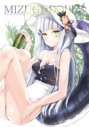 Rule 34 | 1girl, bare arms, bare shoulders, beer can, black bow, blunt bangs, blush, bow, breasts, can, cleavage, collarbone, commentary request, drink can, facial mark, flower, girls&#039; frontline, green eyes, hair ornament, hand up, hat, hat bow, hat flower, hk416 (girls&#039; frontline), holding, holding can, innertube, juna, knees up, long hair, medium breasts, one-piece swimsuit, plaid, red flower, silver hair, solo, sun hat, swim ring, swimsuit, very long hair, wavy mouth, white hat, white one-piece swimsuit