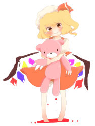 Rule 34 | 1girl, aoi a-ji, bear, blonde hair, blush, fang, female focus, flandre scarlet, hair ribbon, hat, head tilt, heart, highres, looking at viewer, pointy ears, red eyes, ribbon, short hair, short sleeves, side ponytail, simple background, smile, solo, stuffed animal, stuffed toy, teddy bear, touhou, vampire, wings