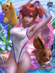 Rule 34 | 1girl, armpits, arms up, blue eyes, blush, breasts, competition swimsuit, covered navel, creatures (company), eevee, game freak, gen 1 pokemon, highleg, highleg swimsuit, highres, logan cure, long hair, looking at viewer, medium breasts, misty (pokemon), nintendo, one-piece swimsuit, orange hair, pikachu, poke ball, poke ball (basic), pokemon, pokemon (anime), pokemon (classic anime), pokemon (creature), shiny skin, side ponytail, standing, swimsuit, water, watermark, web address, wet, white one-piece swimsuit