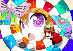 Rule 34 | 2girls, b-ginga, basket, blonde hair, brown hair, bug, butterfly, chen, close-up, closed eyes, colorful, female focus, hat, insect, mouse (animal), multiple girls, multiple tails, nazrin, nazrin (mouse), open mouth, psychedelic, purple eyes, star-shaped pupils, star (symbol), symbol-shaped pupils, tail, touhou, yakumo yukari