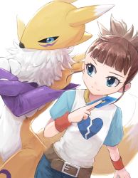 Rule 34 | 1girl, belt, belt buckle, blue eyes, broken heart print, brown hair, buckle, card, child, crossed arms, curvy, denim, digimon, digimon (creature), digimon tamers, female focus, fighting stance, flat chest, fox tail, furry, happy, height difference, high ponytail, highres, holding, holding card, jeans, long image, looking to the side, makino ruki, multicolored clothes, multicolored shirt, neck, pants, ponytail, raglan sleeves, renamon, shinbiko, shirt, sidelocks, simple background, smile, spiked hair, standing, t-shirt, tail, tall image, white background, wristband